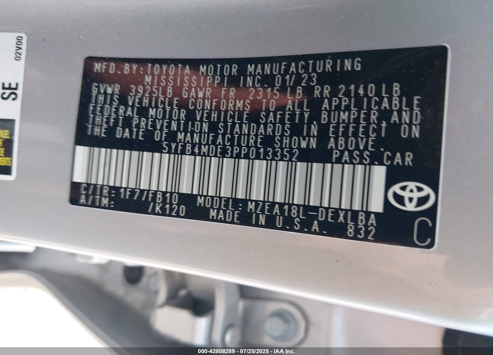 2023 TOYOTA COROLLA VIN: 5YFB4MDE3PP013352