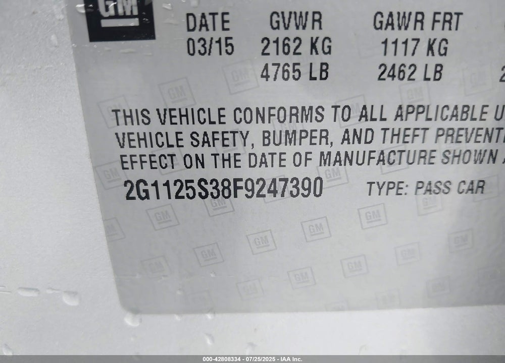 2015 CHEVROLET IMPALA VIN: 2G1125S38F9247390