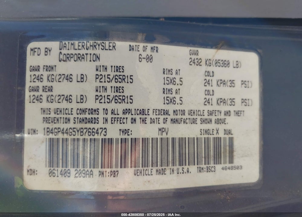 2000 DODGE GRAND CARAVAN SE VIN: 1B4GP44G5YB766473