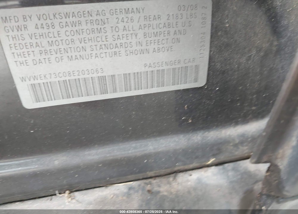 2008 VOLKSWAGEN PASSAT VIN: WVWEK73C08E203063