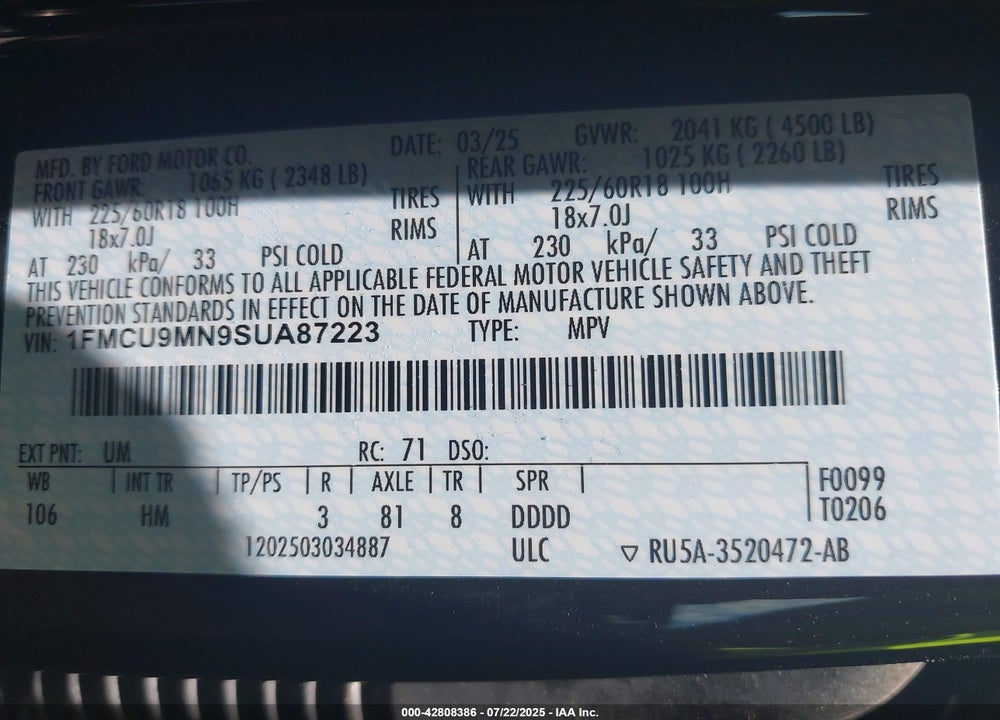 2025 FORD ESCAPE VIN: 1FMCU9MN9SUA87223