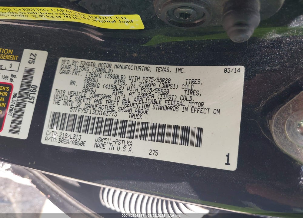2014 TOYOTA TUNDRA VIN: 5TFFY5F13EX163773