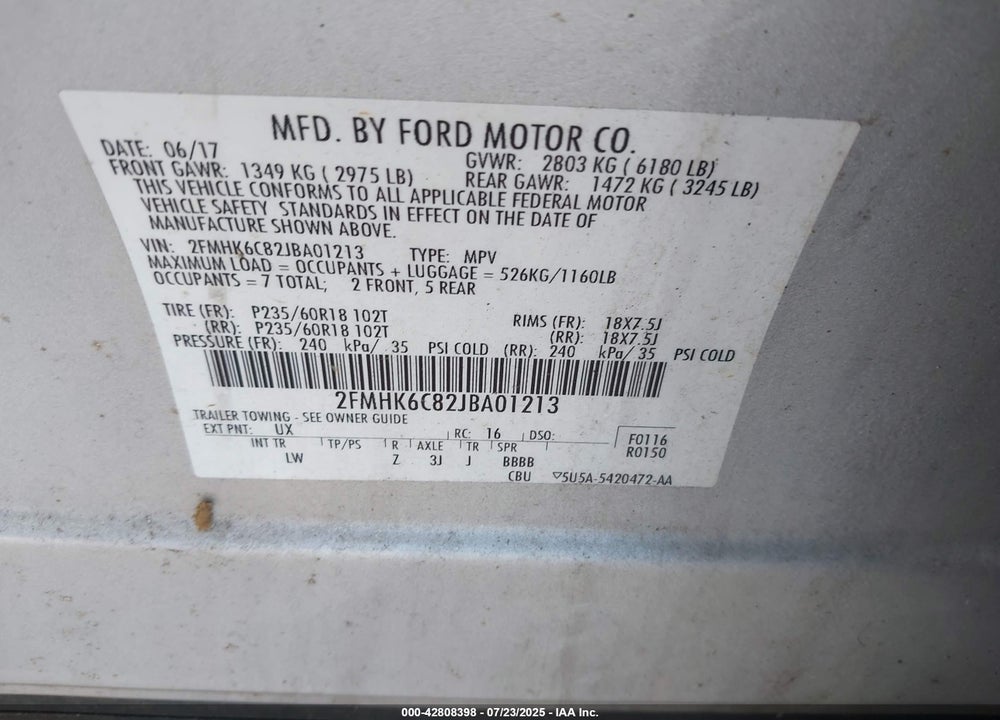 2018 FORD FLEX VIN: 2FMHK6C82JBA01213