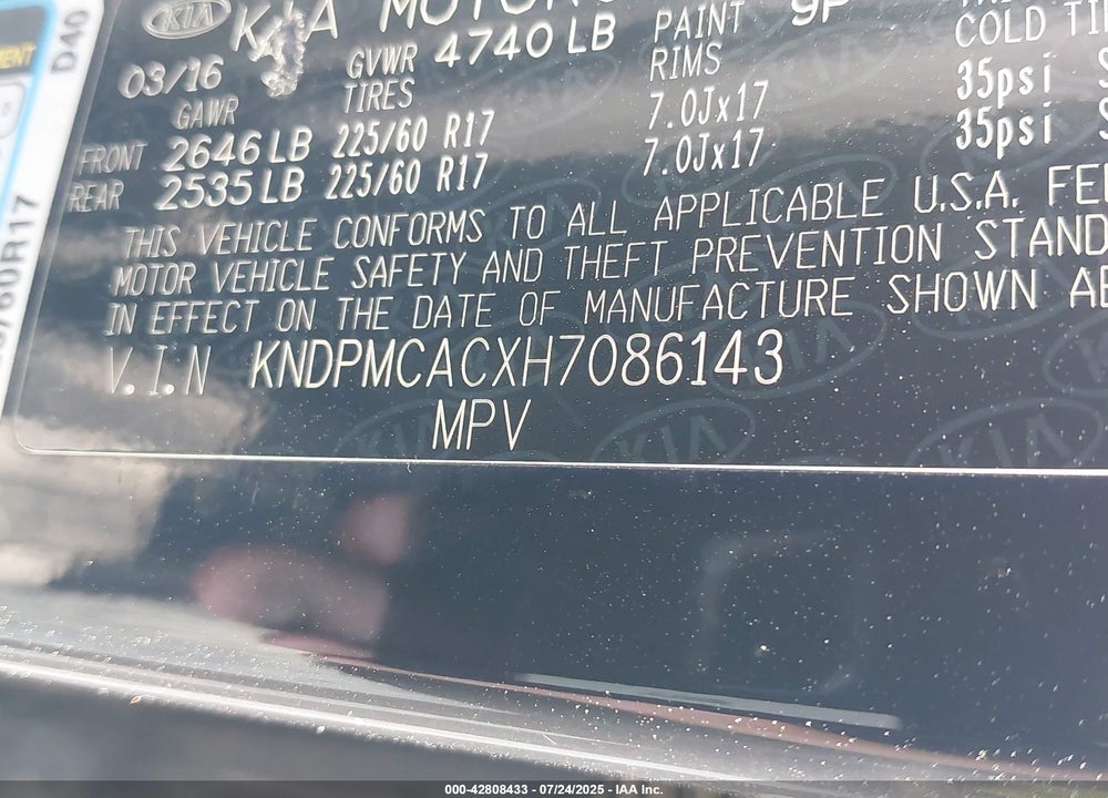 2017 KIA SPORTAGE VIN: KNDPMCACXH7086143