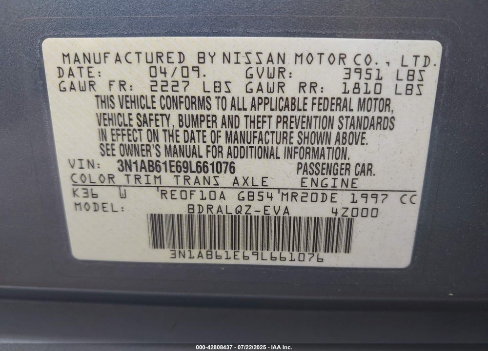 2009 NISSAN SENTRA VIN: 3N1AB61E69L661076