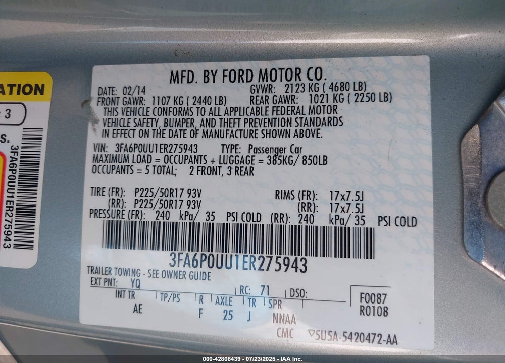 2014 FORD FUSION HYBRID VIN: 3FA6P0UU1ER275943