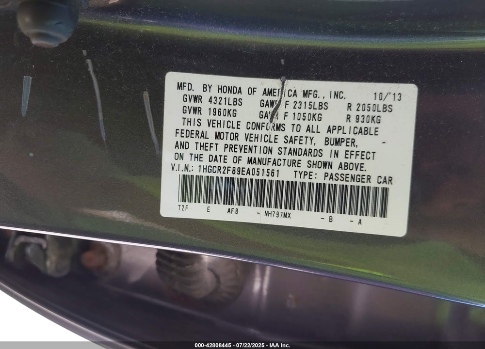 2014 HONDA ACCORD VIN: 1HGCR2F89EA051561