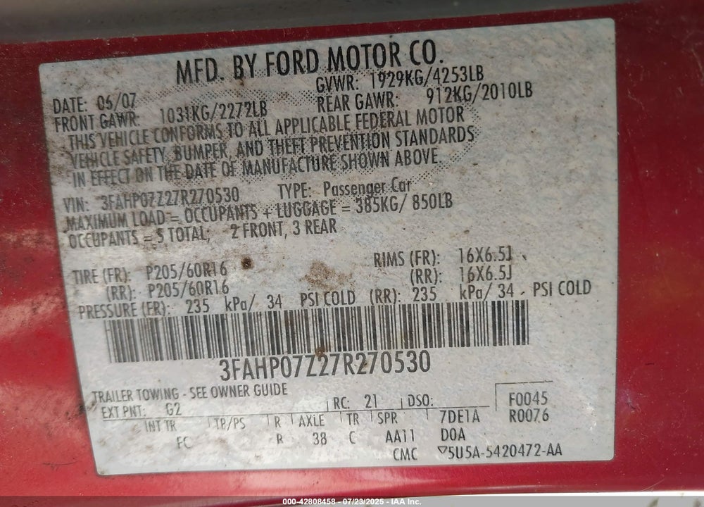 2007 FORD FUSION SE VIN: 3FAHP07Z27R270530