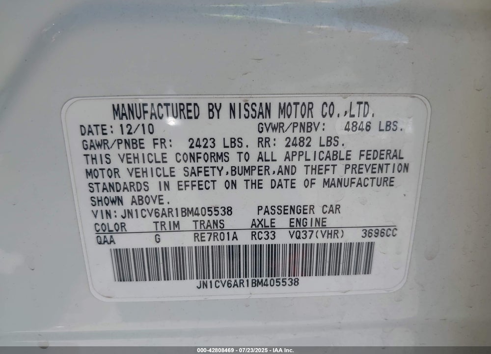 2011 INFINITI G37X VIN: JN1CV6AR1BM405538