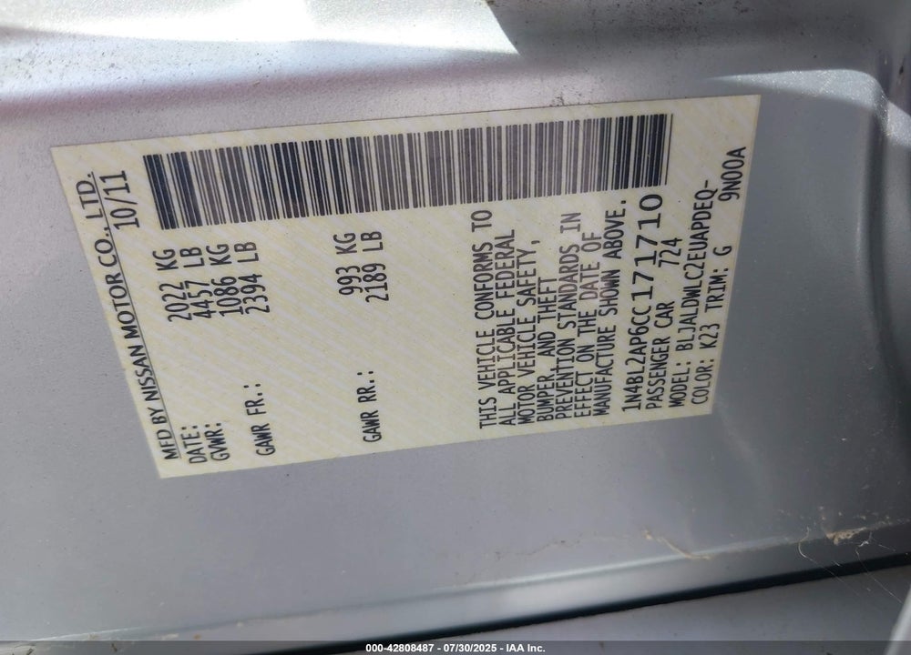 2012 NISSAN ALTIMA VIN: 1N4BL2AP6CC171710