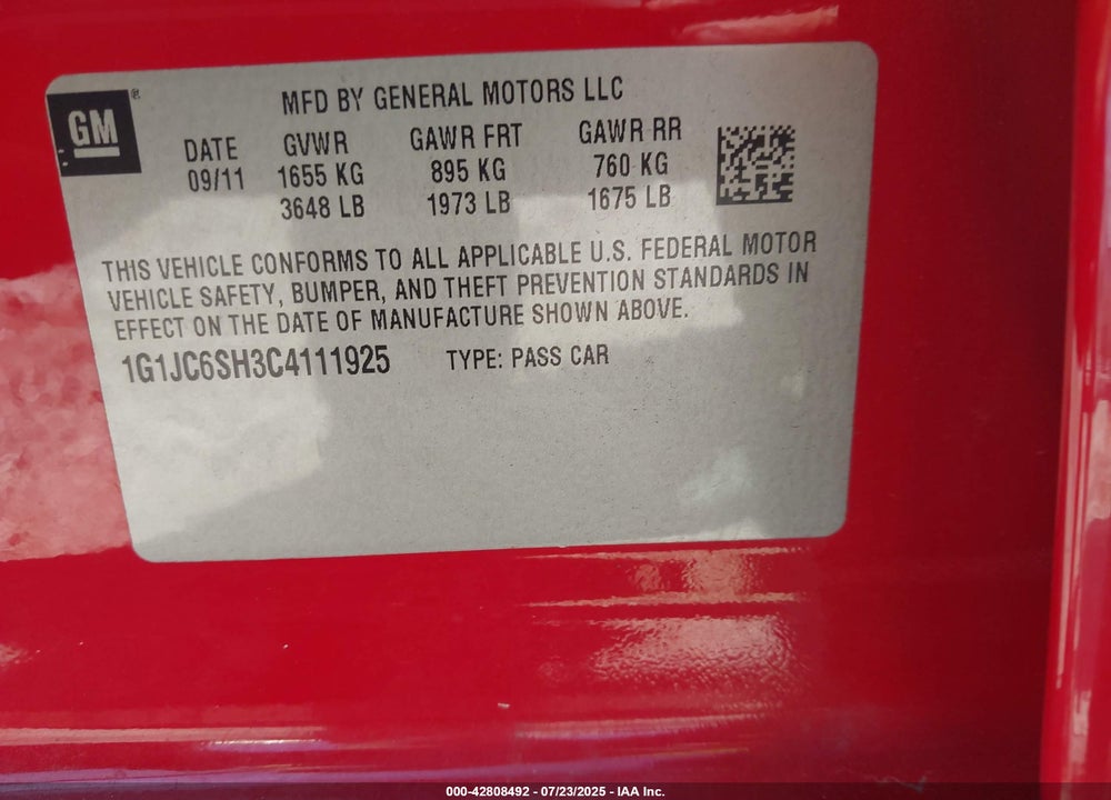 2012 CHEVROLET SONIC VIN: 1G1JC6SH3C4111925