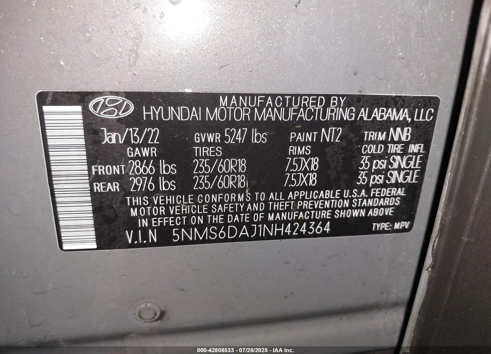 2022 HYUNDAI SANTA FE VIN: 5NMS6DAJ1NH424364