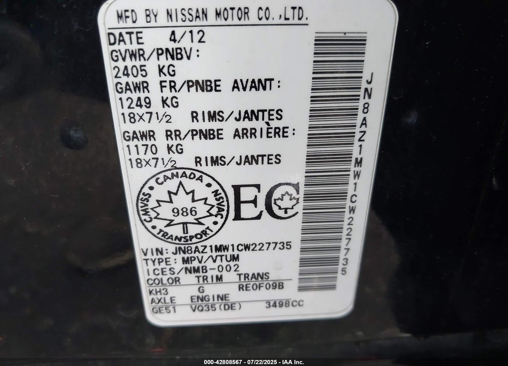 2012 NISSAN MURANO VIN: JN8AZ1MW1CW227735
