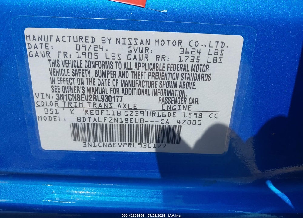 2024 NISSAN VERSA VIN: 3N1CN8EV2RL930177