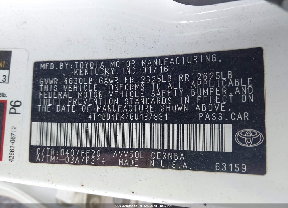 2016 TOYOTA CAMRY HYBRID VIN: 4T1BD1FK7GU187831
