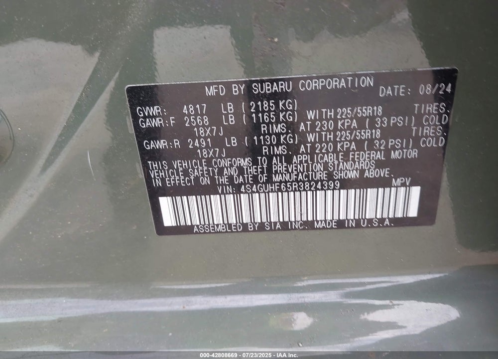 2024 SUBARU CROSSTREK VIN: 4S4GUHF65R3824399