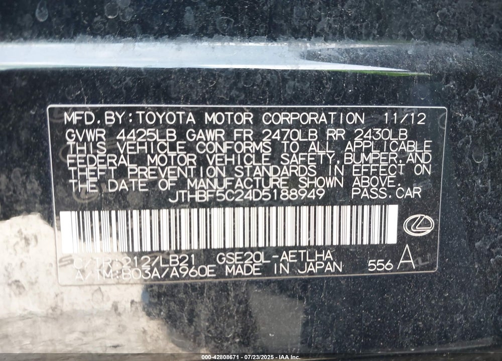2013 LEXUS IS 250 VIN: JTHBF5C24D5188949