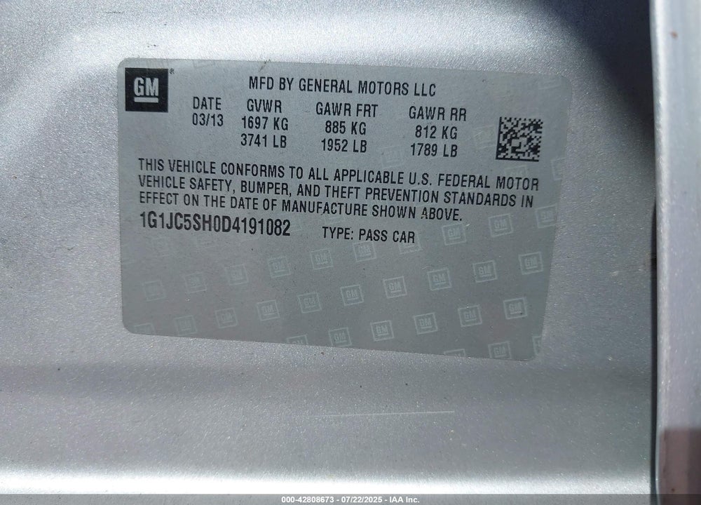 2013 CHEVROLET SONIC VIN: 1G1JC5SH0D4191082