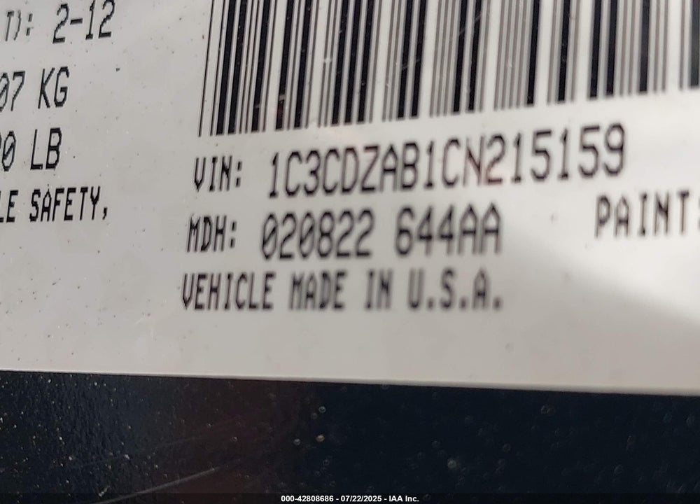 2012 DODGE AVENGER VIN: 1C3CDZAB1CN215159