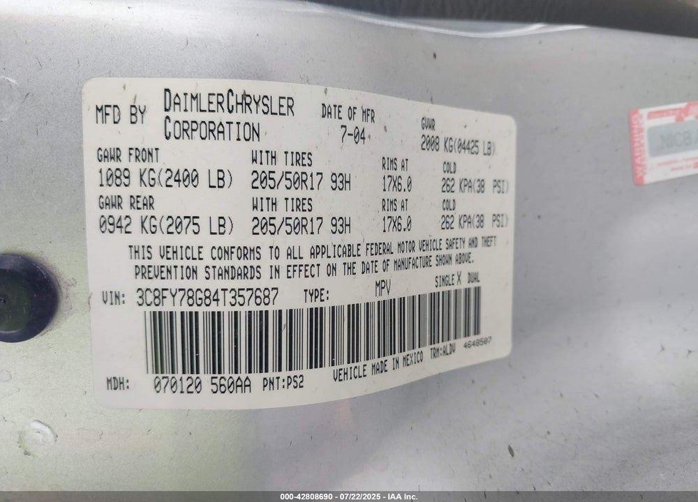 2004 CHRYSLER PT CRUISER GT VIN: 3C8FY78G84T357687