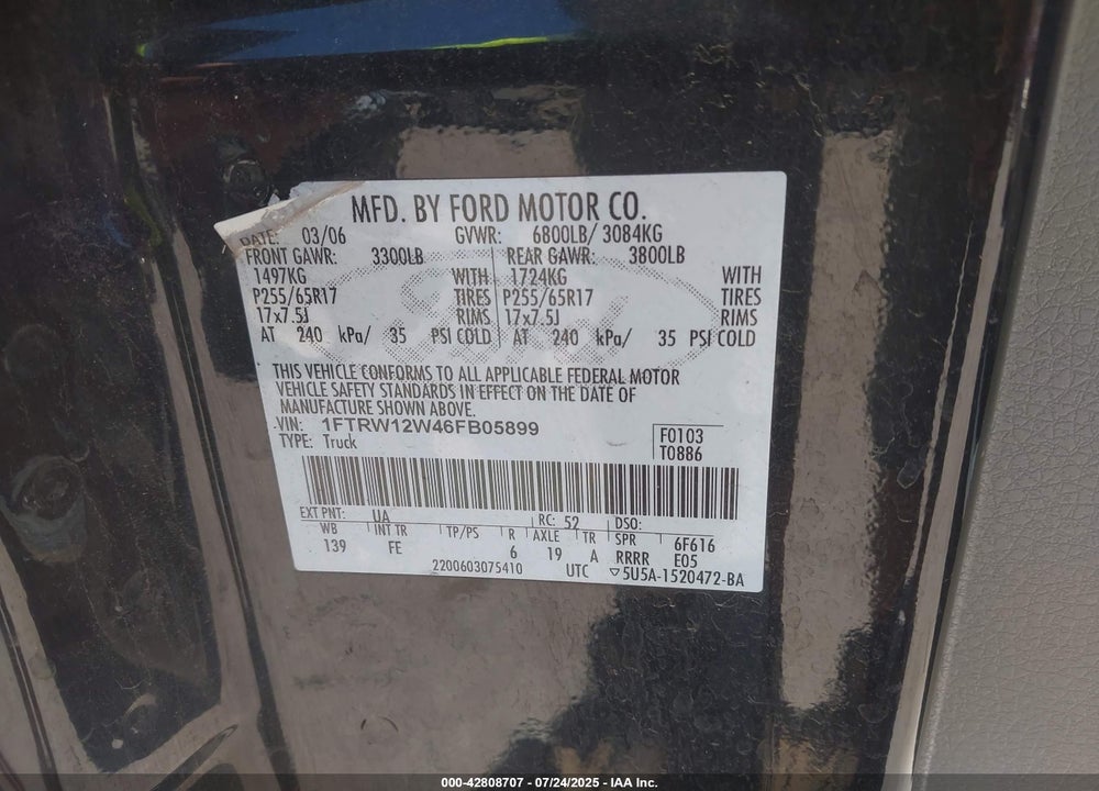 2006 FORD F-150 VIN: 1FTRW12W46FB05899