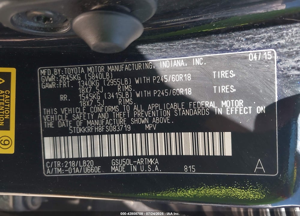 2015 TOYOTA HIGHLANDER VIN: 5TDKKRFH8FS083719