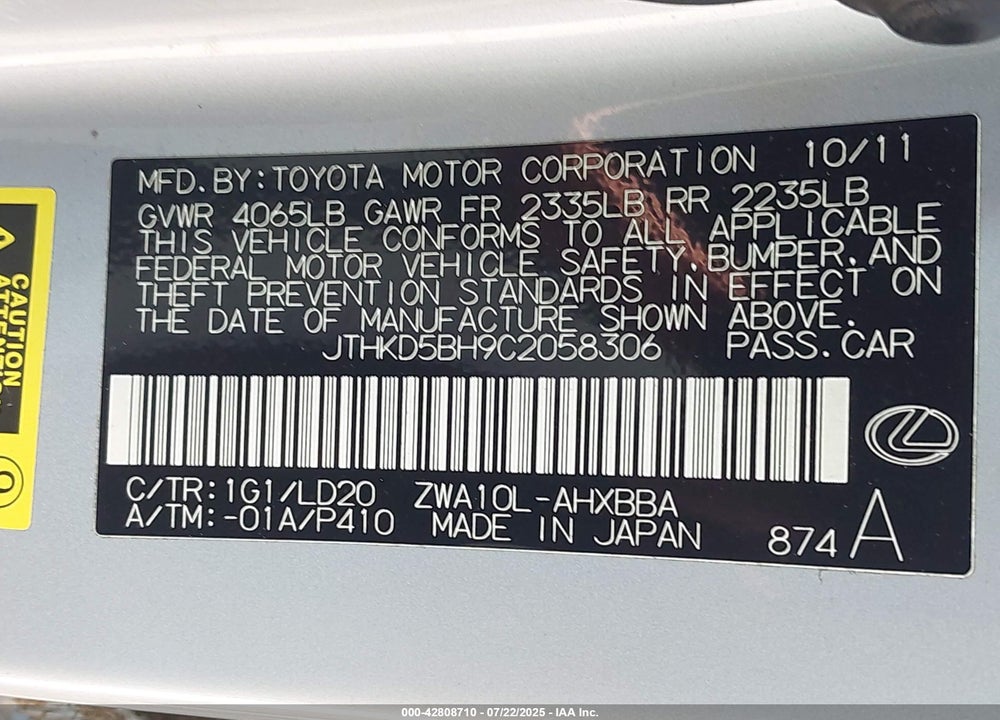 2012 LEXUS CT200H VIN: JTHKD5BH9C2058306