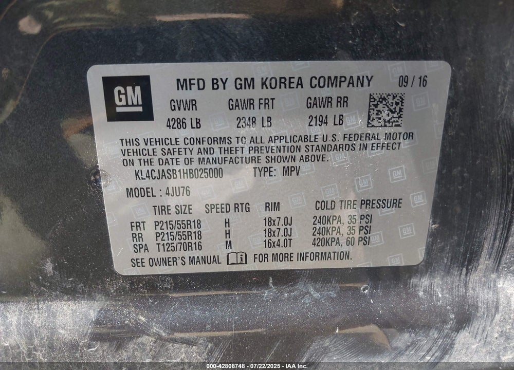 2017 BUICK ENCORE VIN: KL4CJASB1HB025000