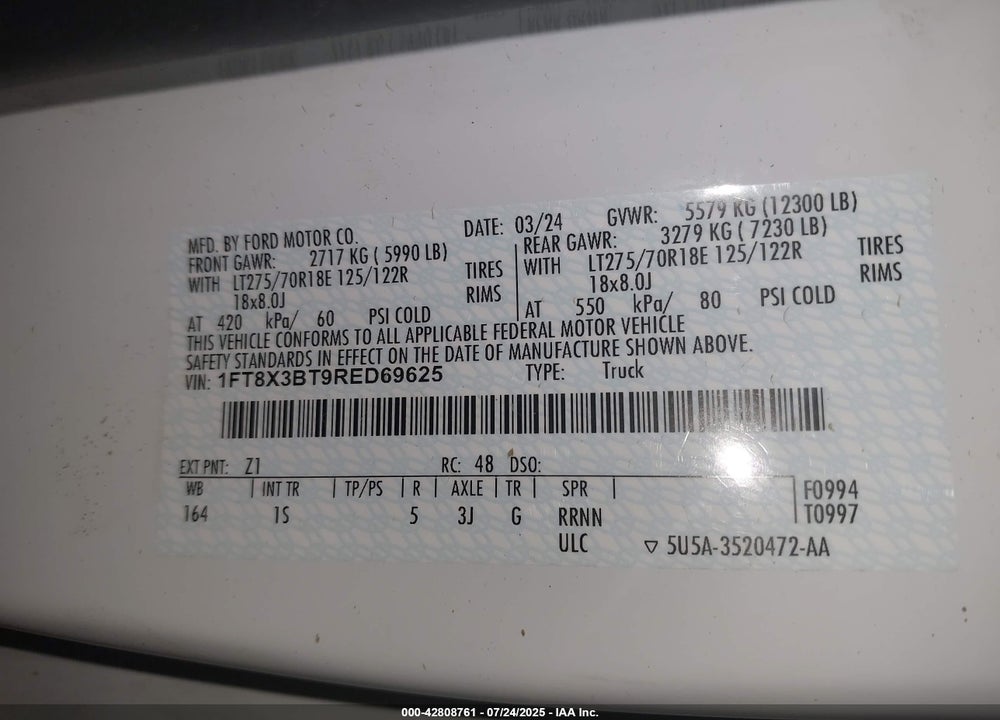 2024 FORD F-350 XL VIN: 1FT8X3BT9RED69625