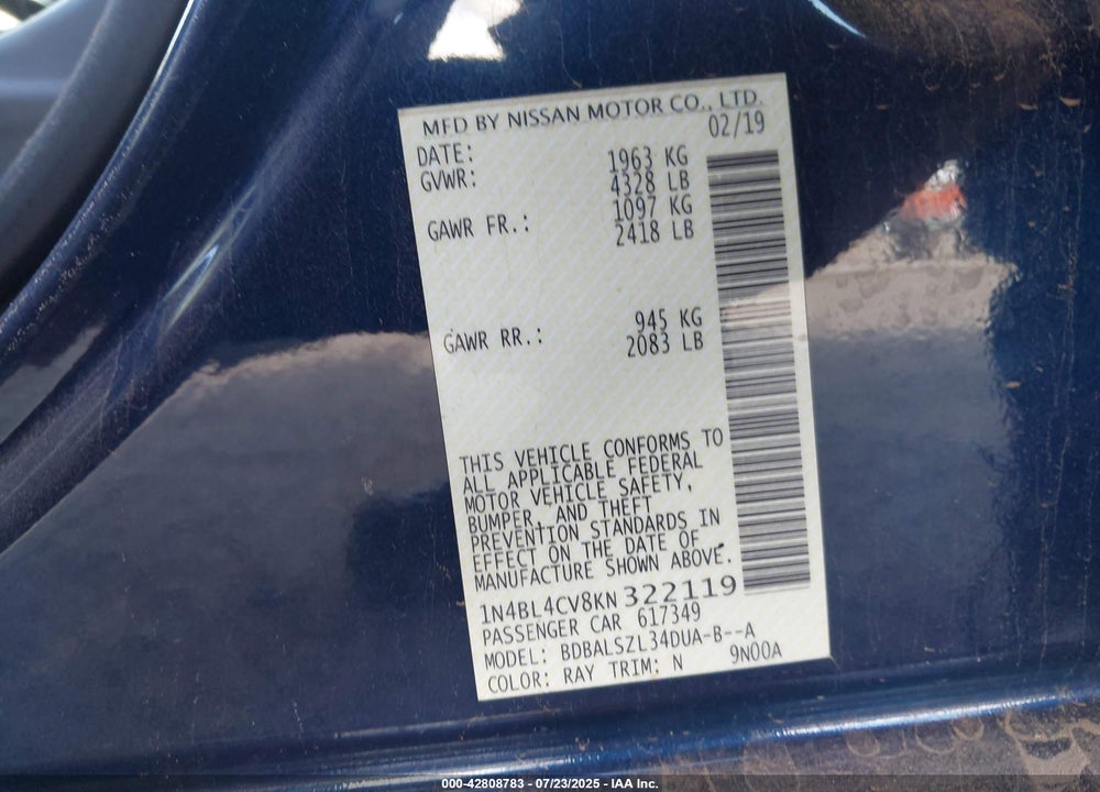 2019 NISSAN ALTIMA VIN: 1N4BL4CV8KN322119
