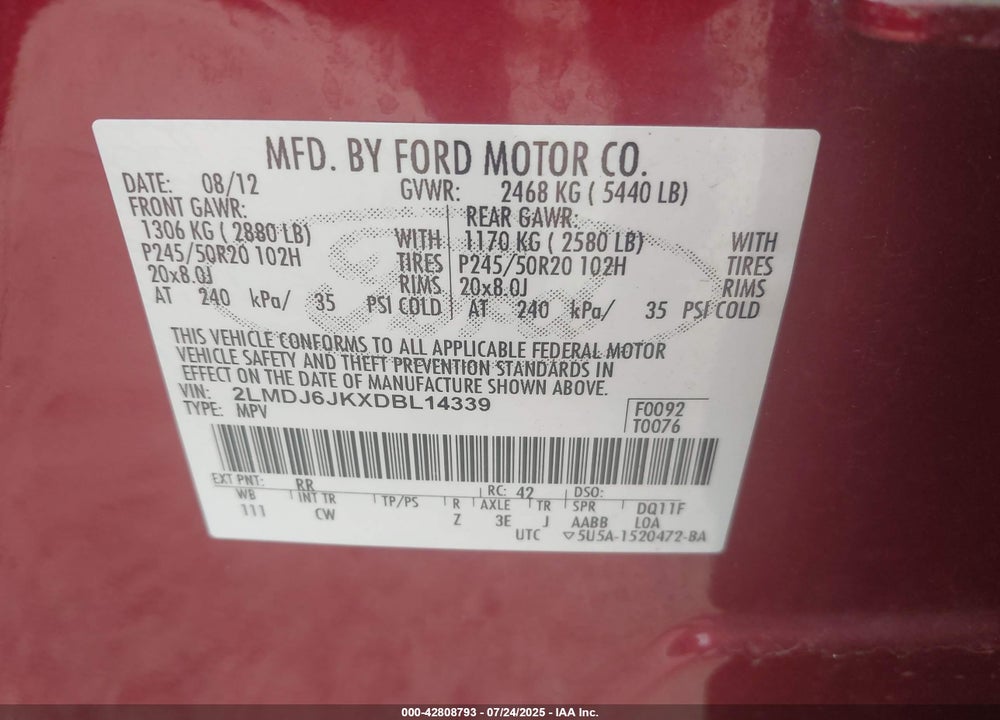 2013 LINCOLN MKX VIN: 2LMDJ6JKXDBL14339