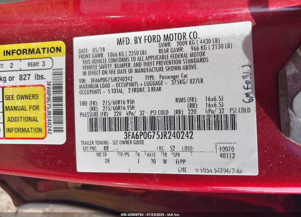 2018 FORD FUSION VIN: 3FA6P0G75JR240242
