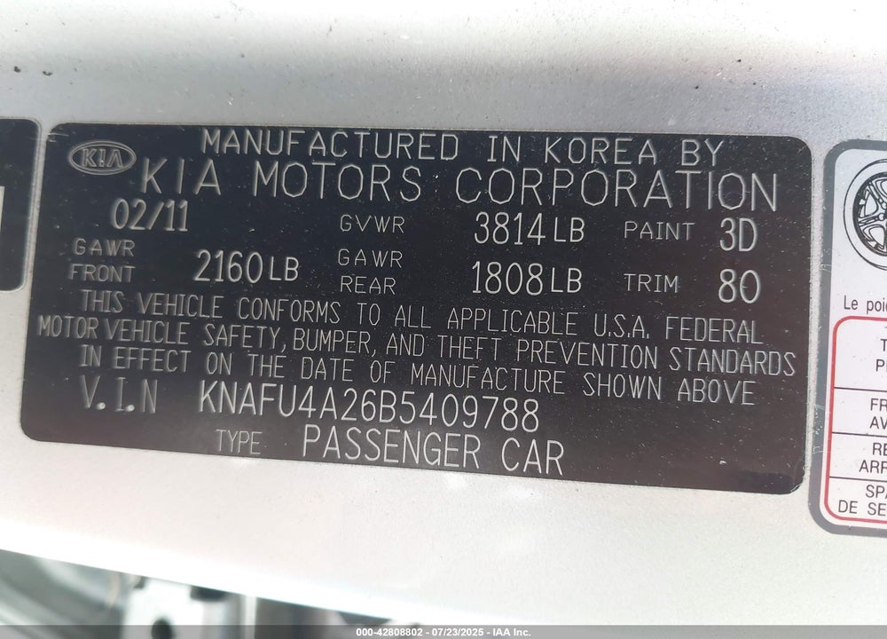 2011 KIA FORTE VIN: KNAFU4A26B5409788
