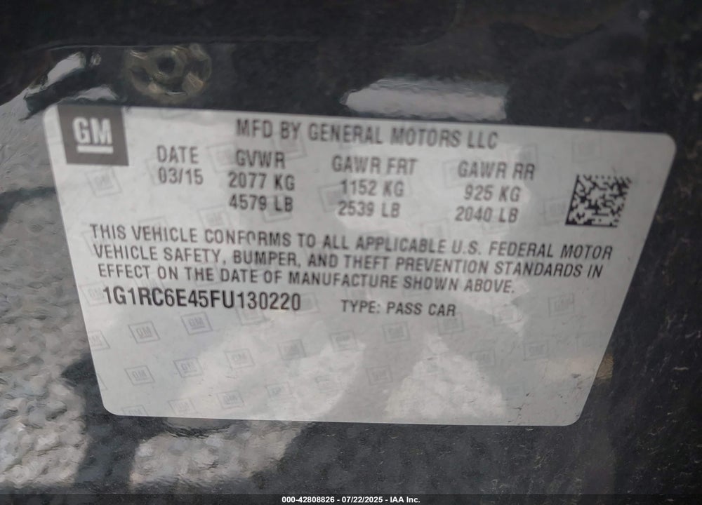 2015 CHEVROLET VOLT VIN: 1G1RC6E45FU130220