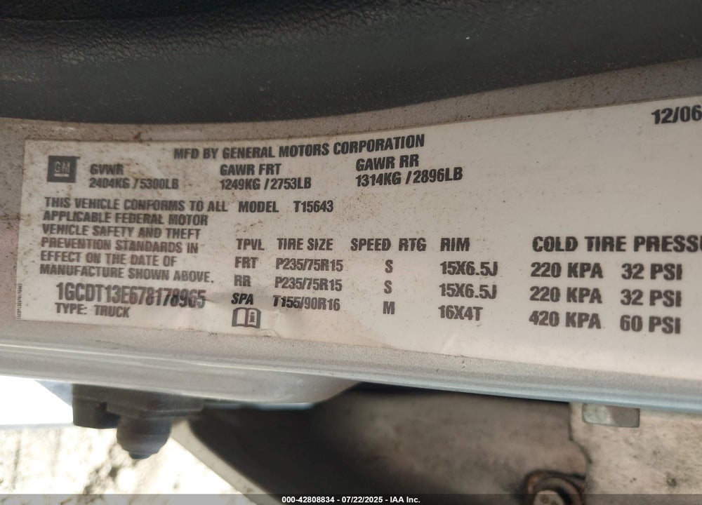 2007 CHEVROLET COLORADO VIN: 1GCDT13E678178965