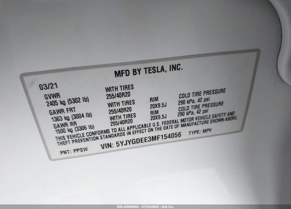 2021 TESLA MODEL Y LONG RANGE DUAL MOTOR ALL-WHEEL DRIVE VIN: 5YJYGDEE3MF154056