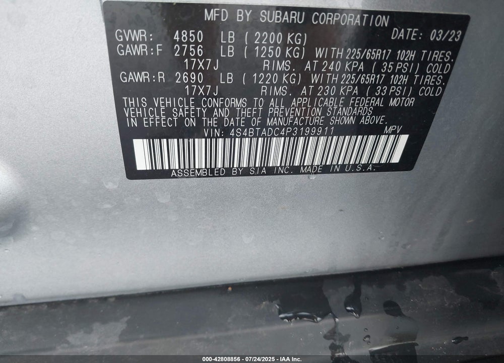 2023 SUBARU OUTBACK VIN: 4S4BTADC4P3199911