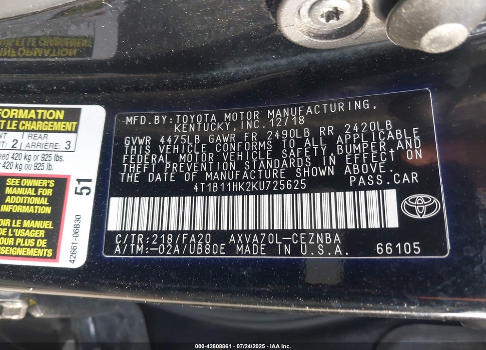 2019 TOYOTA CAMRY LE VIN: 4T1B11HK2KU725625