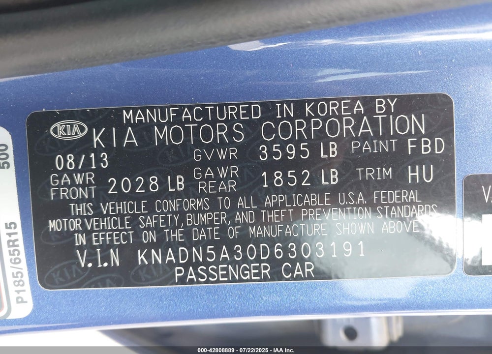 2013 KIA RIO VIN: KNADN5A30D6303191