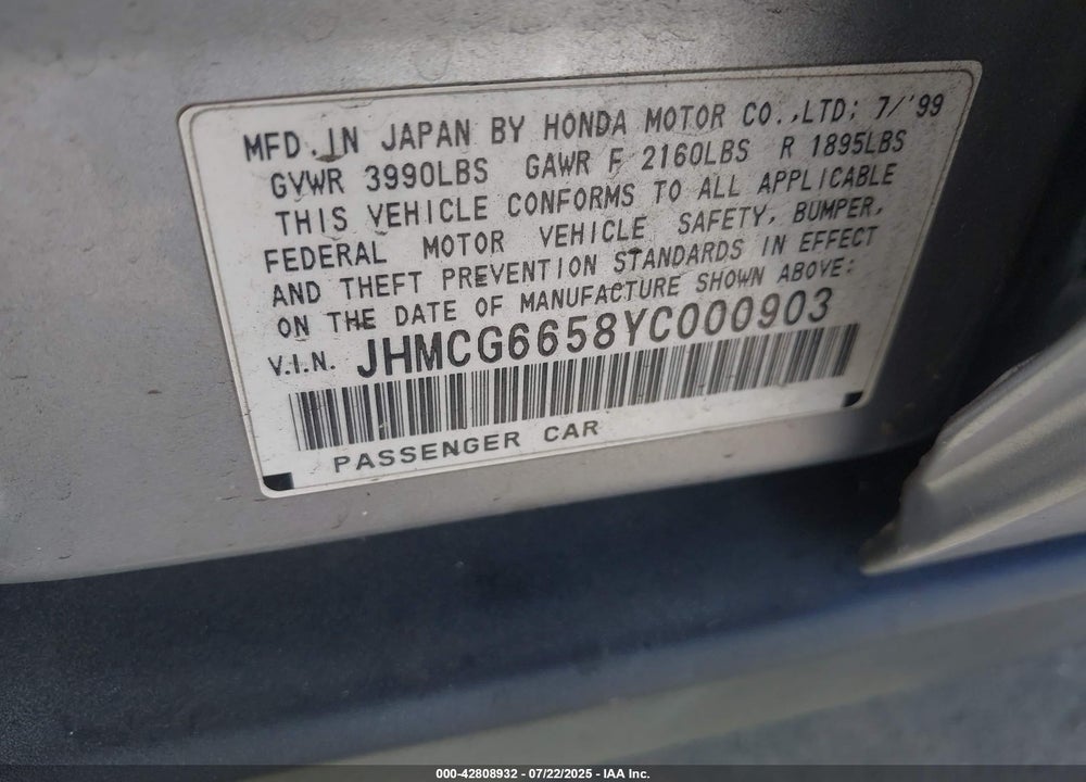 2000 HONDA ACCORD VIN: JHMCG6658YC000903