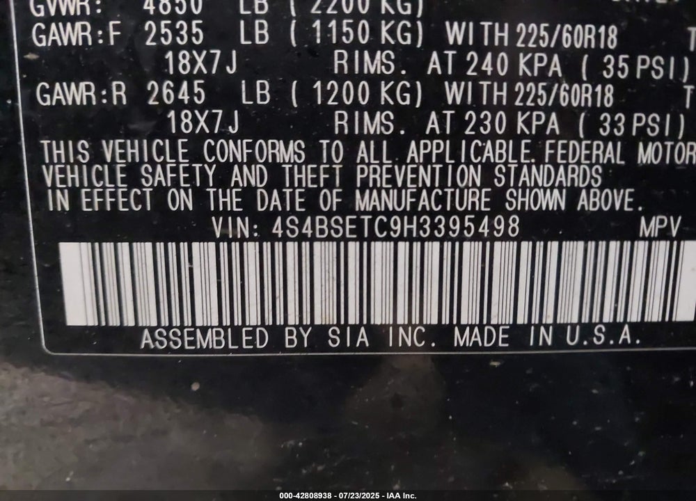 2017 SUBARU OUTBACK VIN: 4S4BSETC9H3395498