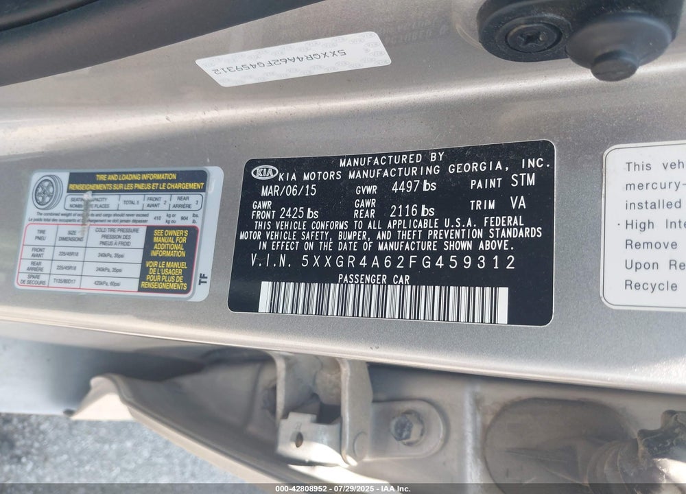 2015 KIA OPTIMA VIN: 5XXGR4A62FG459312
