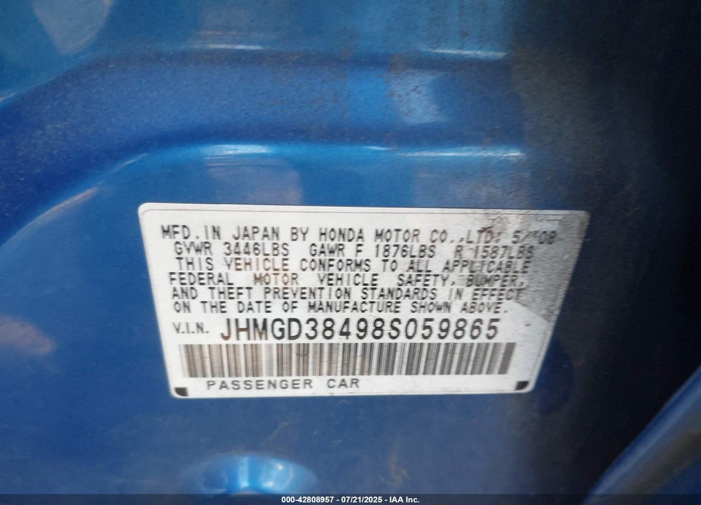 2008 HONDA FIT VIN: JHMGD38498S059865