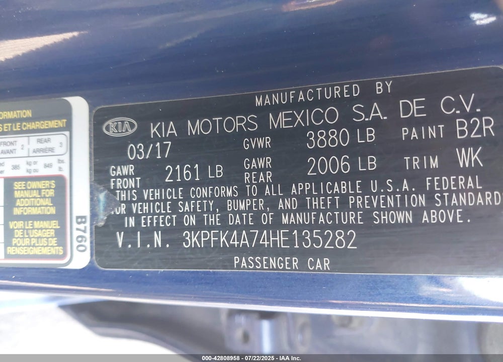 2017 KIA FORTE VIN: 3KPFK4A74HE135282