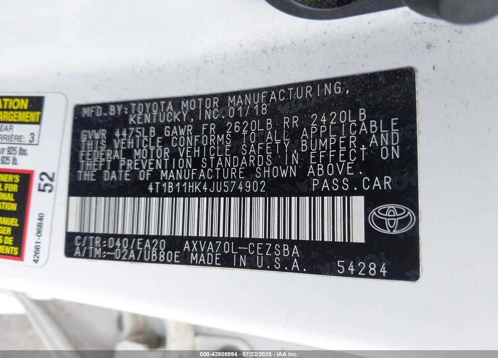 2018 TOYOTA CAMRY VIN: 4T1B11HK4JU574902