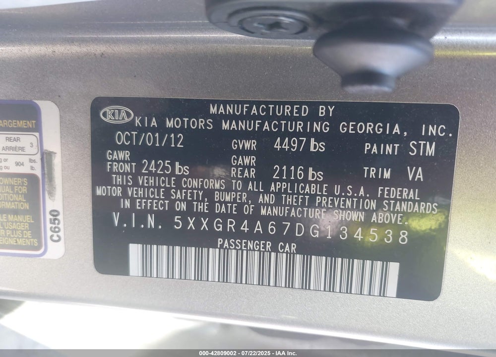 2013 KIA OPTIMA VIN: 5XXGR4A67DG134538