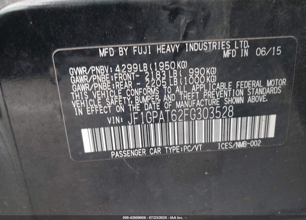 2015 SUBARU IMPREZA VIN: JF1GPAT62FG303528