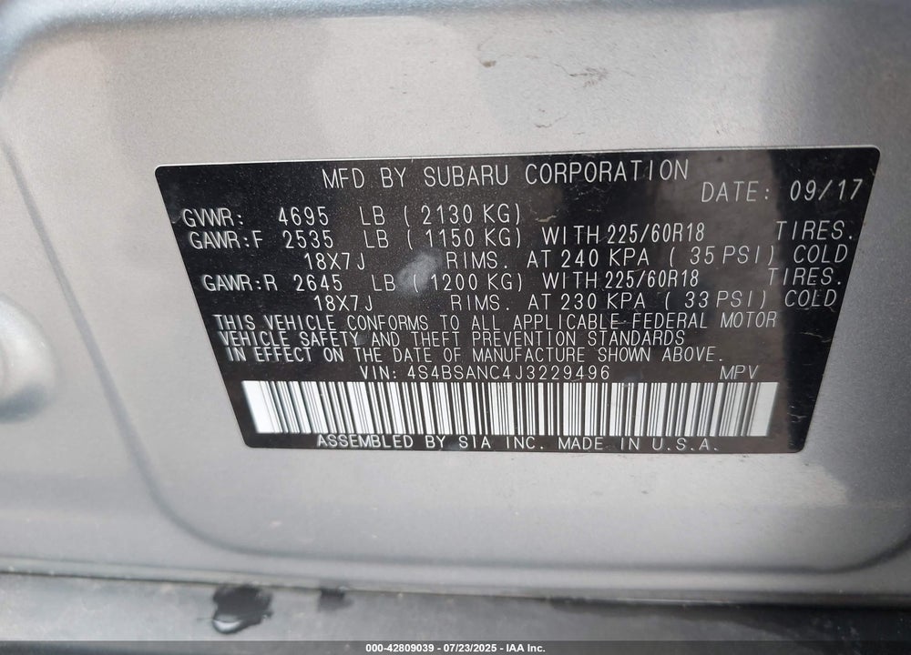 2018 SUBARU OUTBACK VIN: 4S4BSANC4J3229496