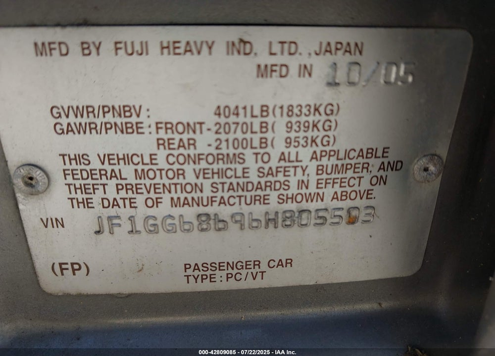 2006 SUBARU IMPREZA VIN: JF1GG68696H805503