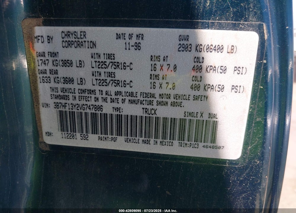 1997 DODGE RAM 1500 ST VIN: 3B7HF13Y2VG747806